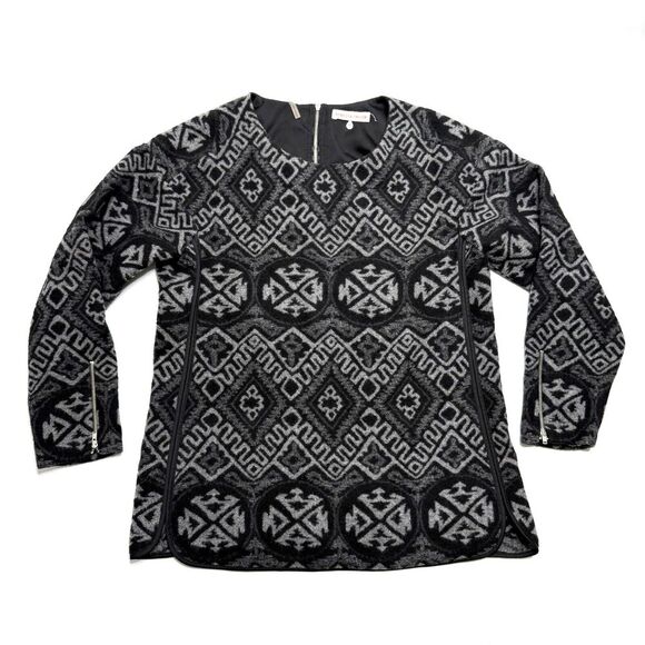 Rebecca Taylor 4 Sweater Black Gray Southwest Print Knit Top Wool Aztec Shirt - Picture 1 of 11